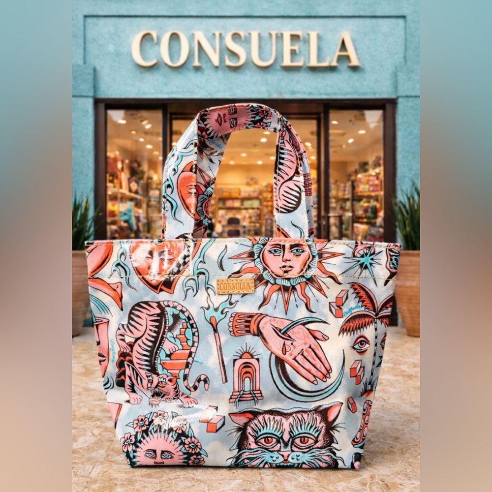 Consuela Multicolor Graphic Tote with Coral, Teal & Cream Artwork